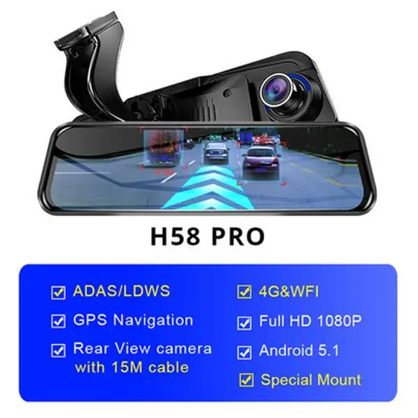 H58 Pro Android DVR 1" Сенсорное зеркало заднего вида с камерой заднего вида 15 м 4G видеокамера на ОС андроид для автомобиля специальные два видеорегистратора ADAS Wi-Fi gps регистратор Bluetooth - Название цвета: H58 Pro Android DVR