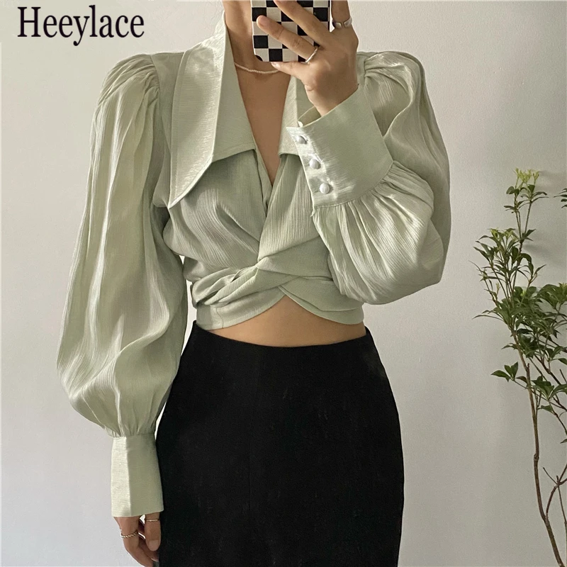 

New 2021 Women Spring Autumn Blouses Shirts Soild Vintage Elegant Office Lady Cross Fashionable Short Tops