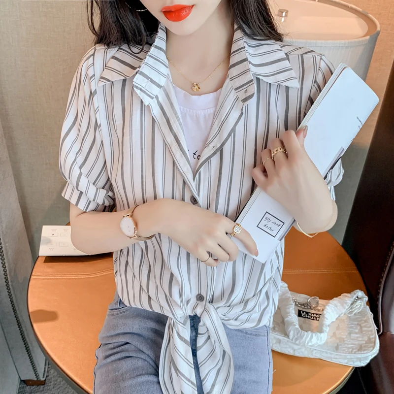 

Fashion Women's Shirt Striped Blouses for Women Fake Two Button Up Shirts Women Clothing 2021 Yellow Polo Neck Patchwork Blouse