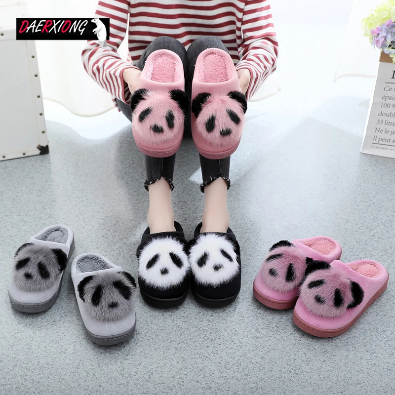 Домашние теплые женские тапочки с пандой милые плюшевые домашние из материала на