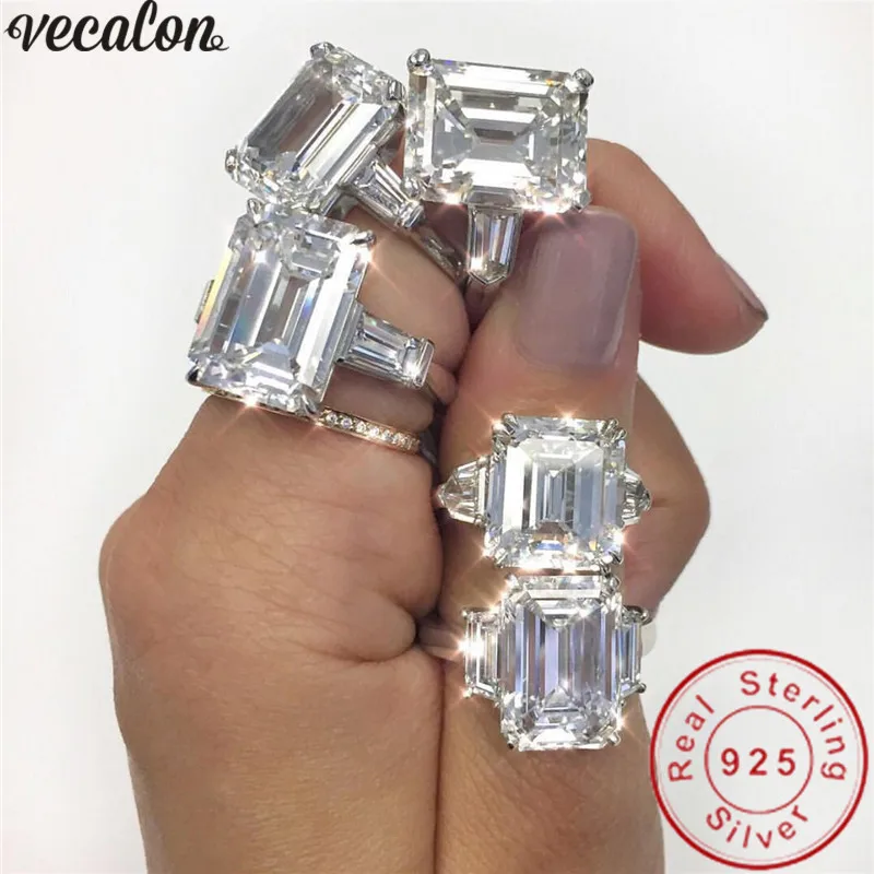 

Vecalon 100% Real 925 Sterling Silver promise ring Emeald Asscher cut Sona 5A Cz Engagement wedding Band rings for women Bridal