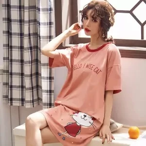 nightgowns Женская ночная рубашка из хлопка с коротким рукавом, ночная рубашка с рисунком кота и буквенным принтом, повседневная одежда для сна, домашнее платье, Женское ночное платье - Цвет: nightgowns