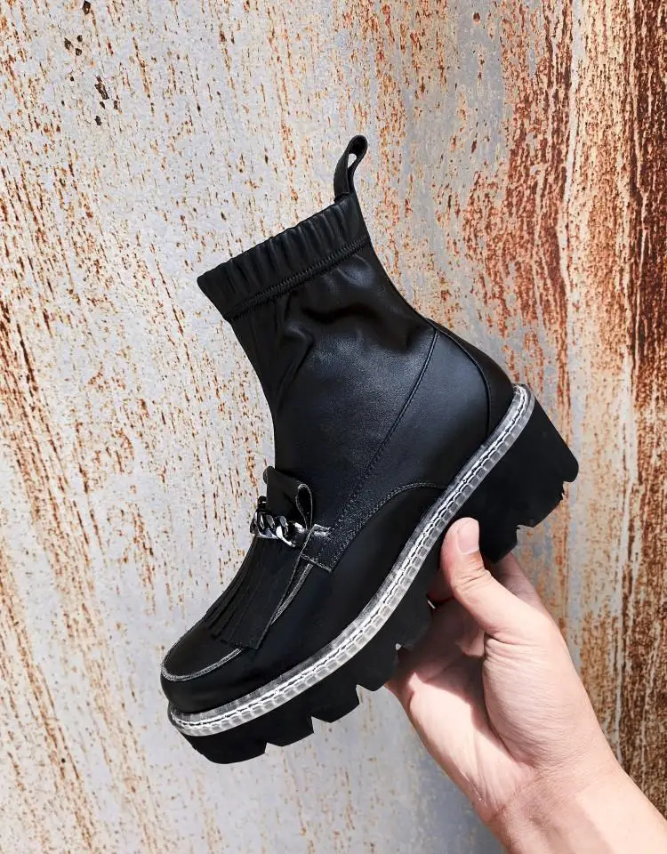 Buono Scarpe/женские ботильоны с металлическими цепочками; полуботинки с эластичными кисточками; черная обувь на платформе в стиле панк; Mujer; женские носки;