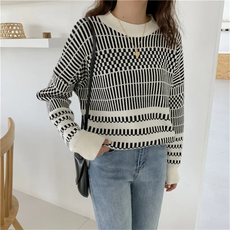 Shop1314 Winter Knitted Sweater Women Vintage Artistic Monochrome Jacquard Female Romantic Geometry Print Loose Pullover | Женская