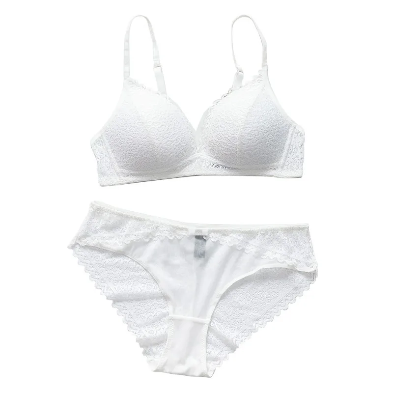 

Sexy Lingerie Sets Women Lace Triangle Cup Solid Color Bra Set Push Up Wire Free Bra Briefs Two Pieces Set