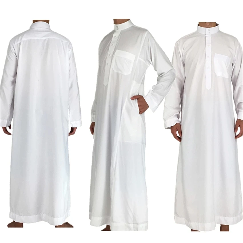 

White Long Sleeve Islamic Men Clothing Jubba Thobe Abaya Dubai Saudi Arabia Traditional Ramadan Kurta Eid Arab Robes