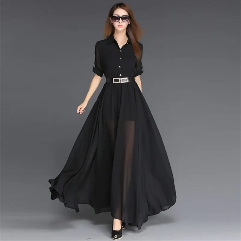 

Black Dress Female Spring Summer 2021 New Chiffon Long Dress With Split Leg Slimming Full Sleeve Temperament Sexy Robes zh1117