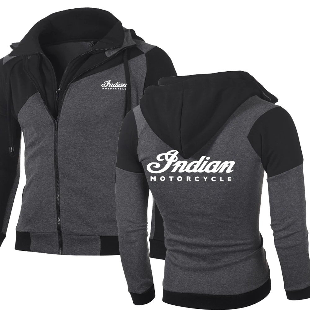 

New Spring Autumn Men Indian Logo Fashion Sweatshirt Casual Jacket Double Zipper Hoodie Cotton Long Sleeve Sweatshi