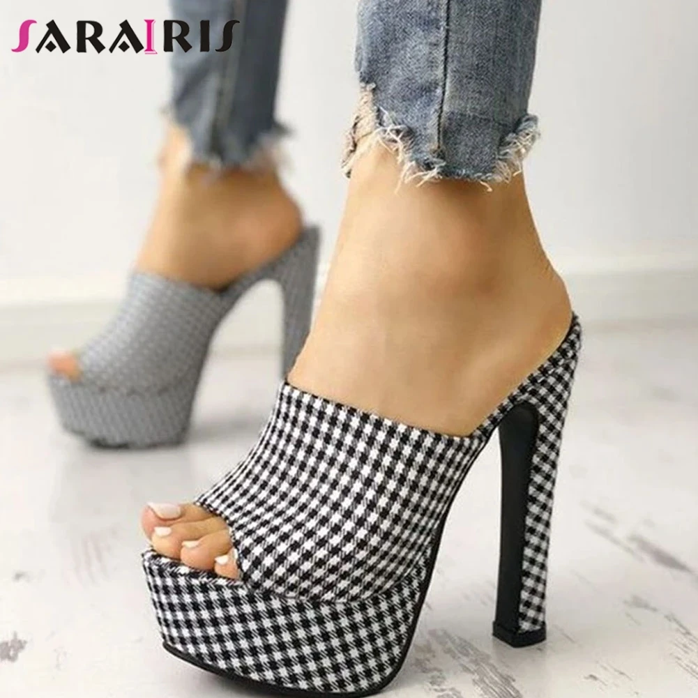 

SARAIRIS 2021 Summer Female Concise Pumps Fashion Mature Pumps Women Platform Peep Toe Thick High Heels Plaid Shoes Woman