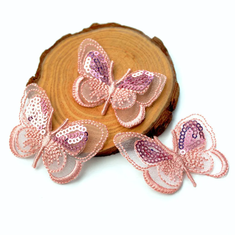 

AHYONNIEX 3PCS/LOT Pink Organza Butterfly Sequins patches sew on applique clothes shoes hairpins bags decoration patch DIY