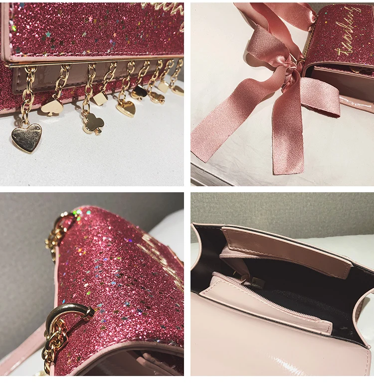 

Sequined Handbags 2020 New Fashion Ribbon Bow Small Square bag High-quality PU Leather Sweet Women bag Tassel Chain Shoulder bag
