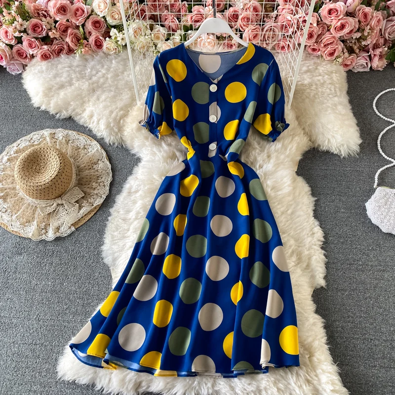 

Muti-Color Chiffon summer woman dress v Neck Decorative Buttons Casual holiday women dresses Short Sleeves Ruffle Hemline robes