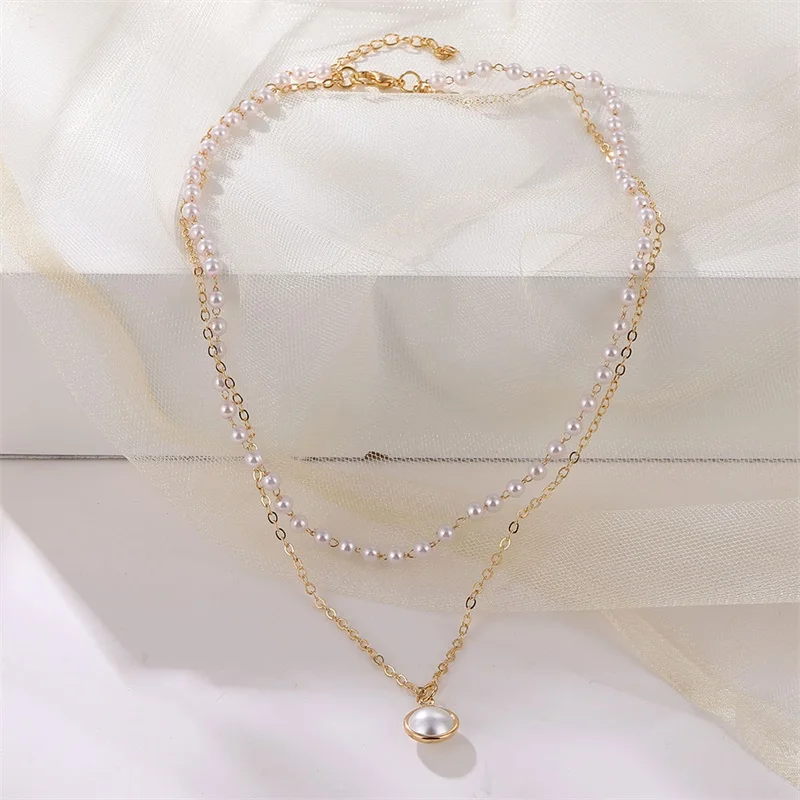 Vienkim 2021 New Double Layer Chain Gold Color Choker Necklace Women Korean Style Pearl Pendant Fashion Jewelry Collar |