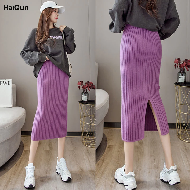 Fashion Spring Warm Knitting Midi Long Pencil Skirt Women Korean Sexy Style Mid-Length High Waist Side Slit Split Female Club