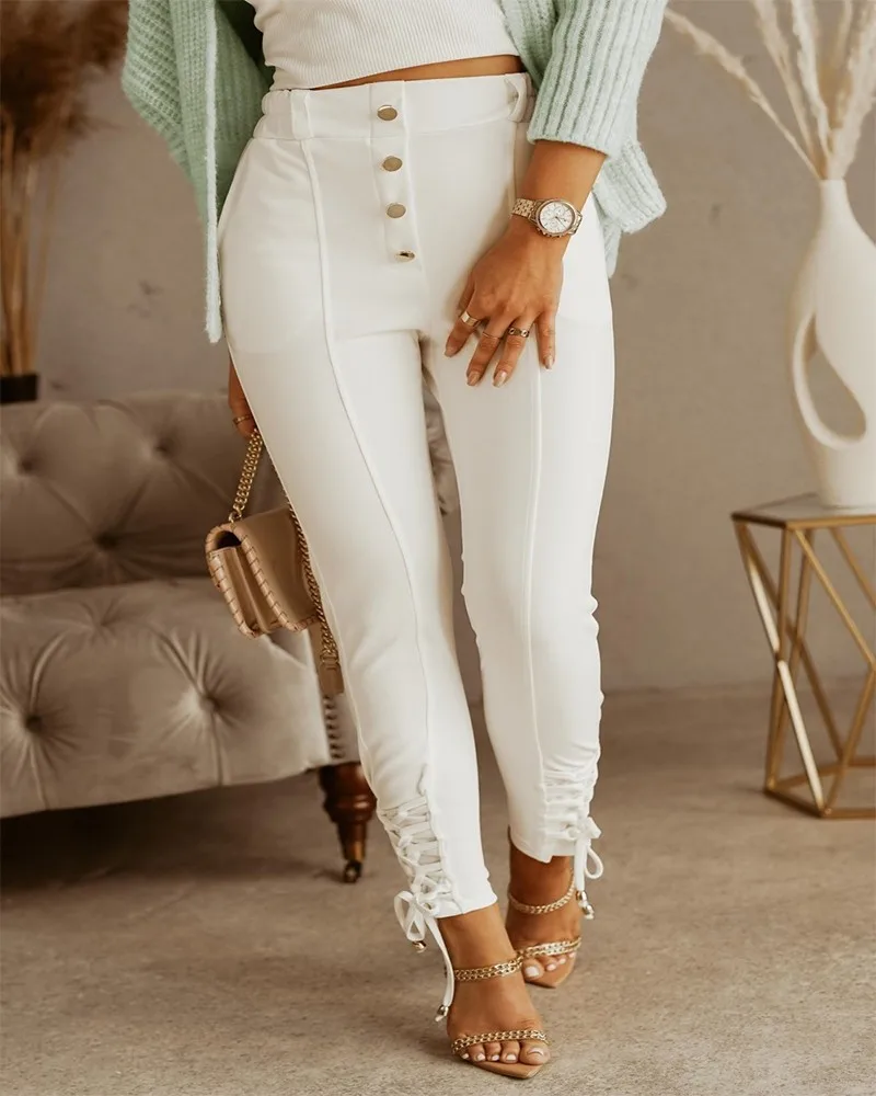 

2021 New Women High Waist Button Design Lace-up Hem Skinny Jeans Casual Office Lady Pencil Pants