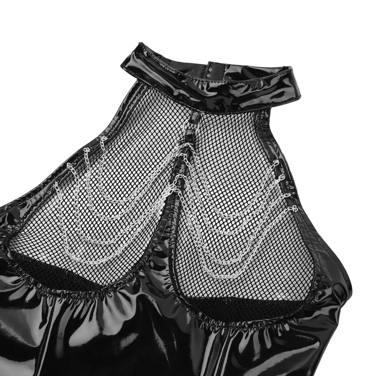 

Women Lingerie Fishnet Bodysuit Wet Look Patent Leather Halter Neck Backless See Through Bust Bustier Corset Top with Suspenders