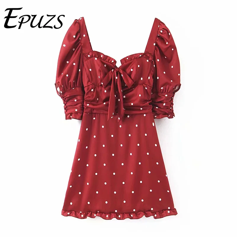 elegant red polka dot satin dress women mini puff sleeve Sexy backless chiffon beach womens dresses korean vestidos 2019 | Женская