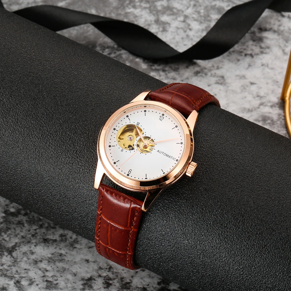 Pink Cohome Female Automatic Gold Watches Waterproof  Leather Straps Skeleton Mechanical Steel Wristwatch Mekanik Izle Otomatik