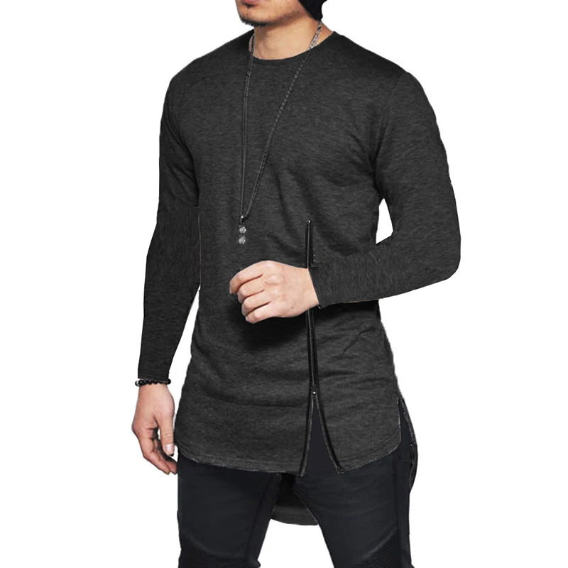 

Мужская футболка на молнии с длинным рукавом, черная, белая, мужская одежда в стиле хип-хоп, удлиненная футболка, однотонные футболки