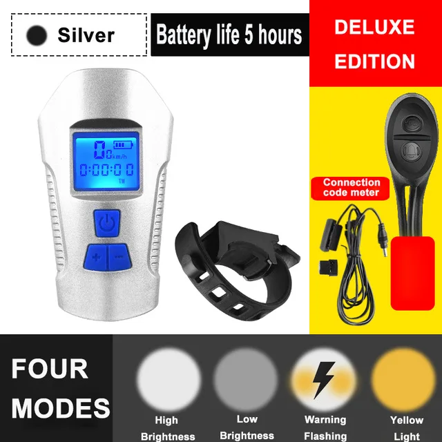 Deluxe Silver 3 в 1 светильник для горного велосипеда с зарядкой от usb, велосипедный передний светильник, светильник-вспышка на руль, велосипедный головной светильник, измеритель скорости, ЖК-экран - Цвет: Deluxe Silver