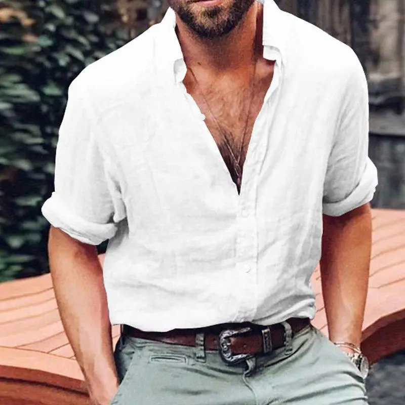 Мужская льняная блузка Рубашки Топы короткий рукав мешковатые пуговицы летняя