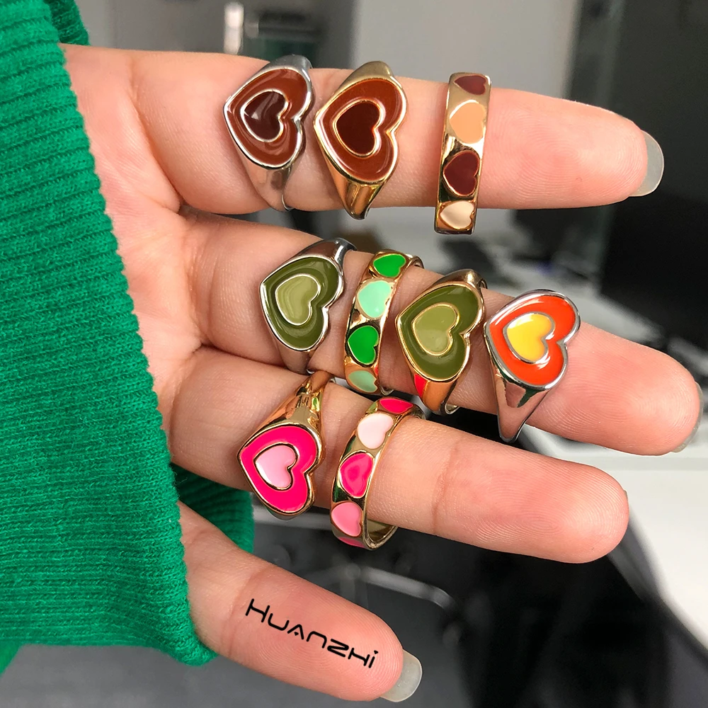

2021 New Korean Trendy Vintage Double Layer Dripping Oil Enamel Color Contrast Heart Metal Rings for Women Couple Jewelry HZ