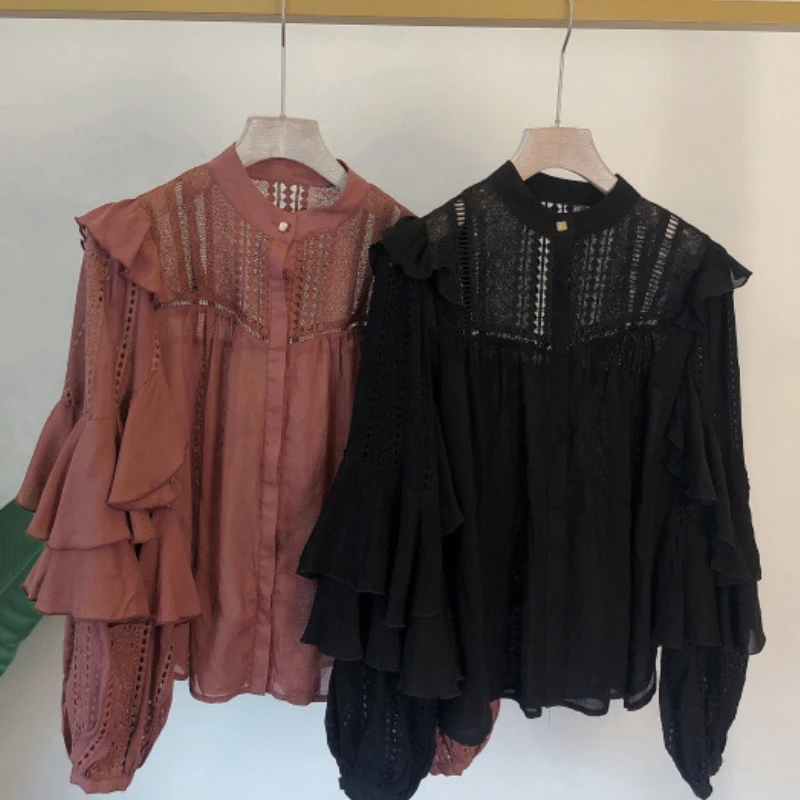 

2021 New Long Sleeve Shirt Femme Elegant Ruffles Patchwork Hollow Out Sexy Blouse Women Work Style Ol Loose Solid Blusas Spring