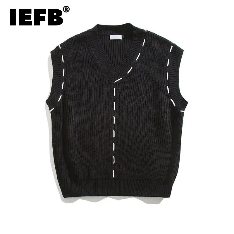 

IEFB High Quality V-neck Pullover Sleeveless Loose Sweater Men's And Women's Niche Design Black Kintting Tops 2022 New 9A0686