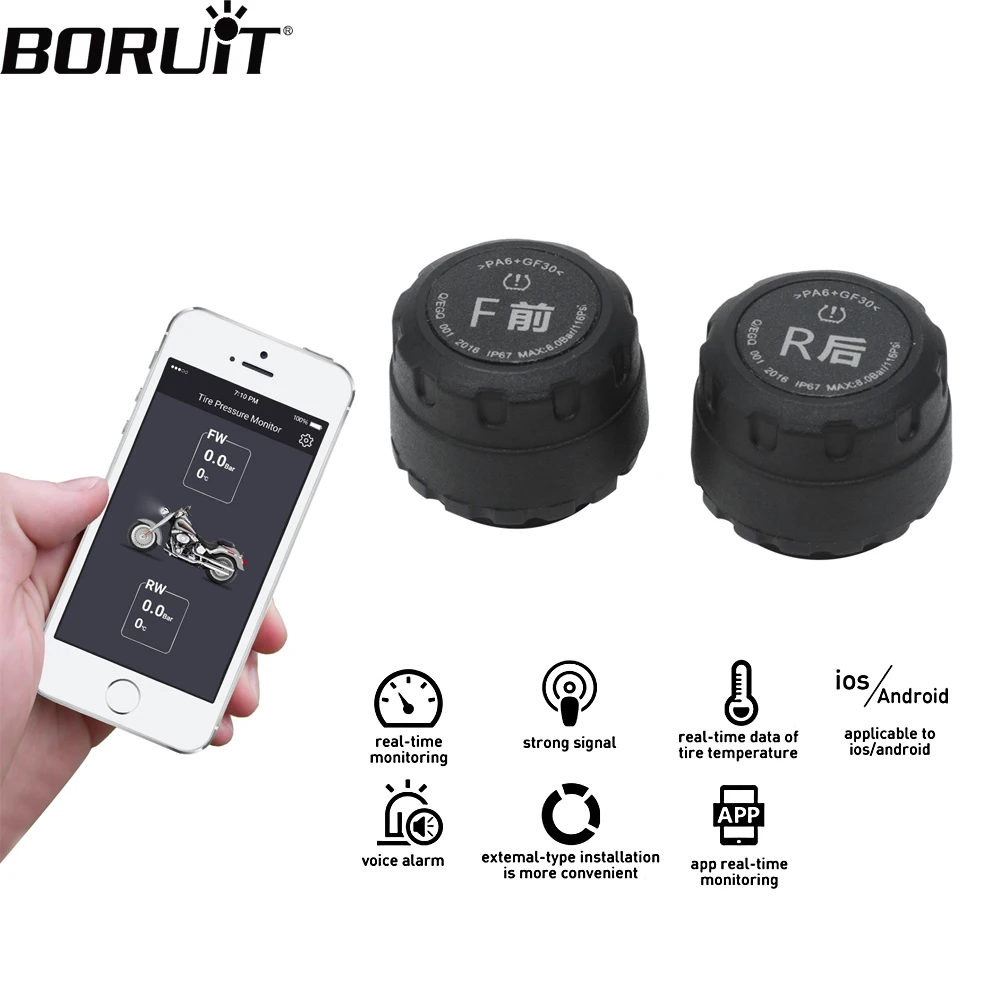 BORUiT мотоцикл Bluetooth система мониторинга давления в шинах TPMS мобильный телефон приложение обнаружения 2 внешних датчика для IOS Android