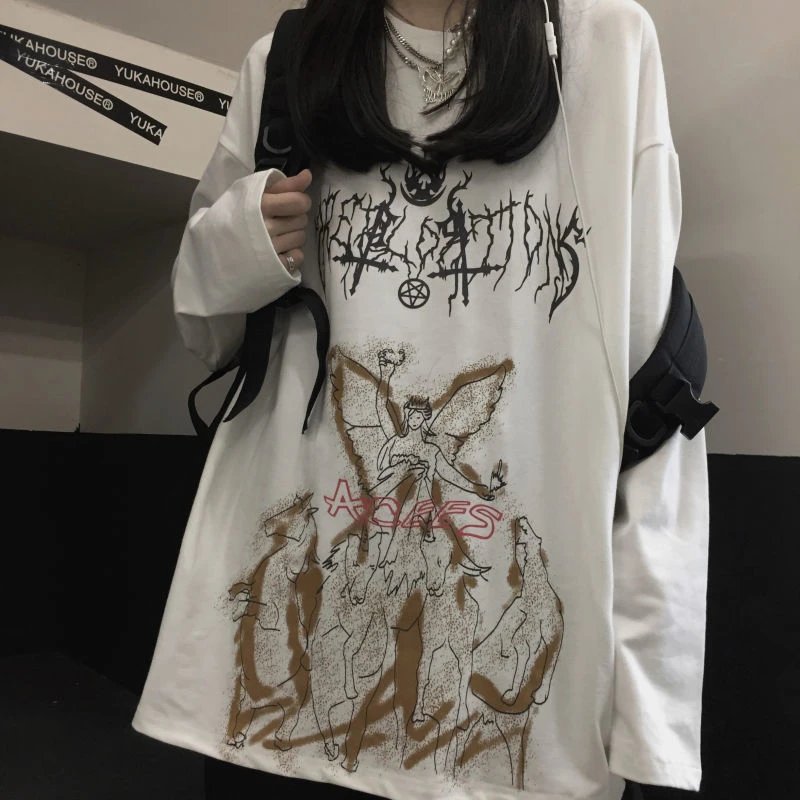 Футболка мужская с длинным рукавом готическая ретро-футболка принтом граффити