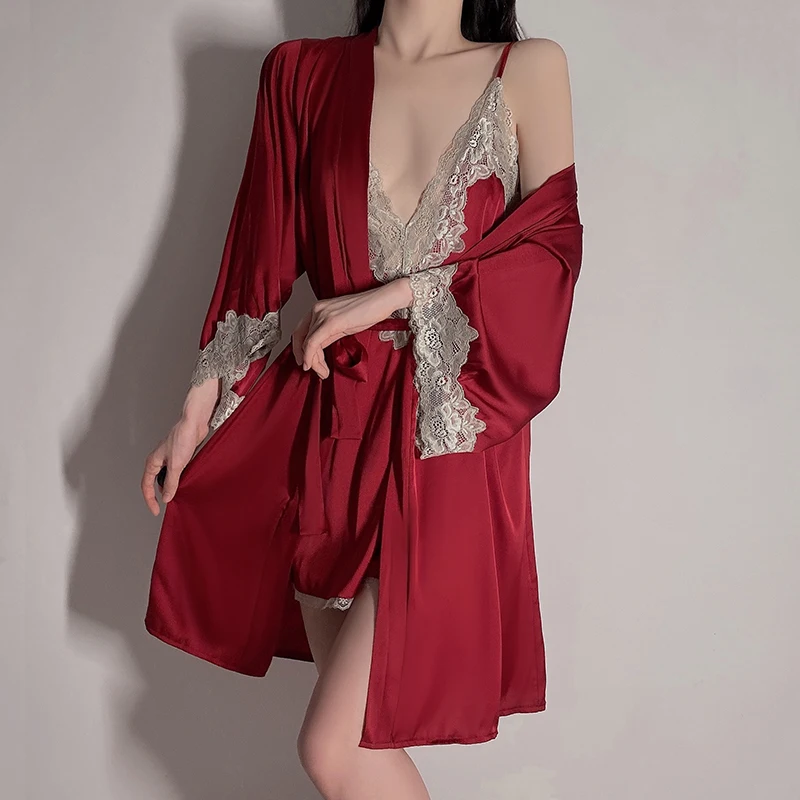 

Autumn and winter female slit suspender sexy nightdress lace temptation skirt pajamas home clothes set 272