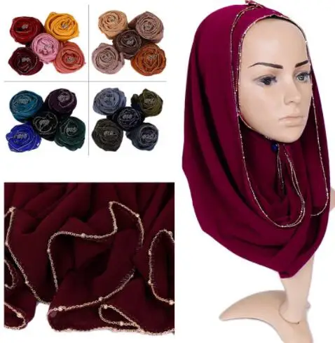 70x180 см простой шифоновый длинный шарф с пузырьками золотая цепочка хиджаб