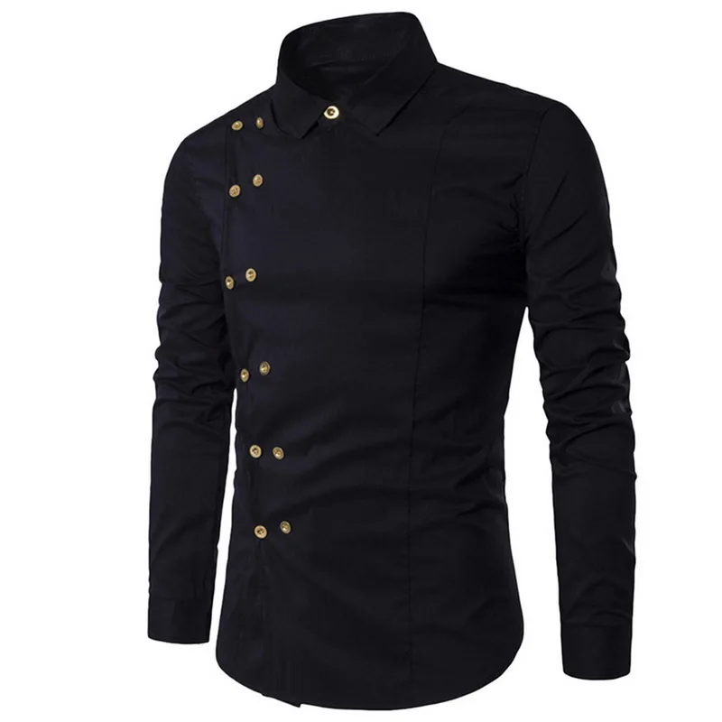

DIHOPE Plus Size 2020 Men Double Breasted Slim Fit Long Sleeve Turn Down Collar Shirt Male Solid Casual Vintage Court Style