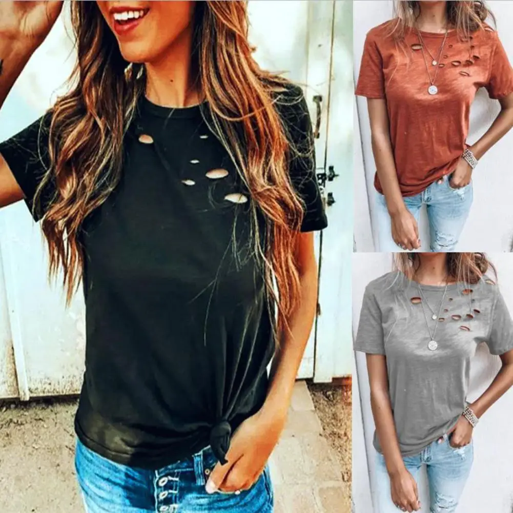 

Women T-shirt Hole Solid Color Summer Short Sleeve O Neck Blouse for Party Female Women's Short Sleeve Shirt Clothing