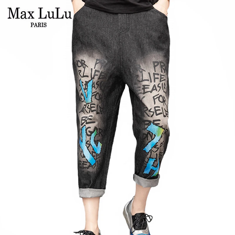 

Женские джинсы Max LuLu, черные джинсовые штаны в европейском уличном стиле, с винтажным принтом, большого размера, лето 2021
