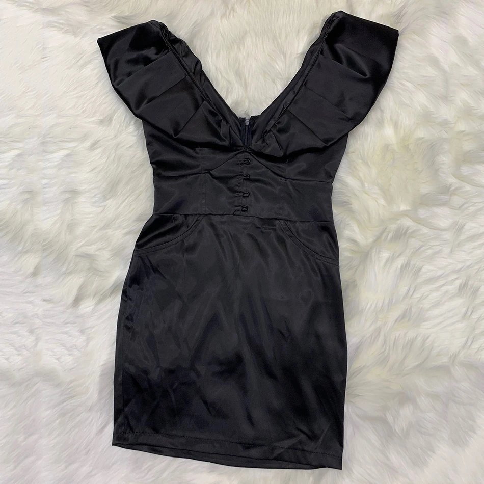

2021 Summer New Women's Black Sexy Sleeveless V-neck Draped Ruffles Mini Dress Bodycon Celebrity Party Club Dress Vestidos