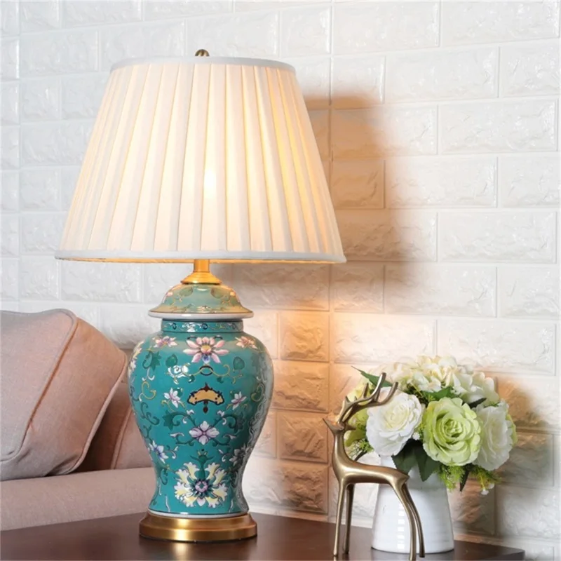 

OURFENG LED Table Lamp Ceramic Copper Luxury Desk Light Fabric Bedside Decorative for Home Dining Room Bed Room Office