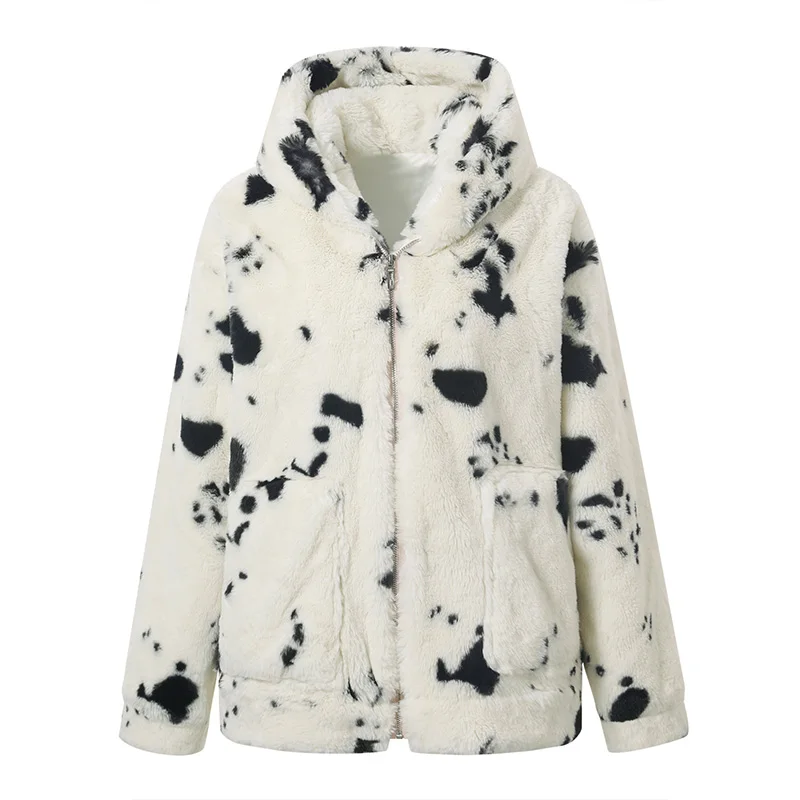 Худи из искусственного меха с леопардом Женская куртка Осень-Зима Повседневное