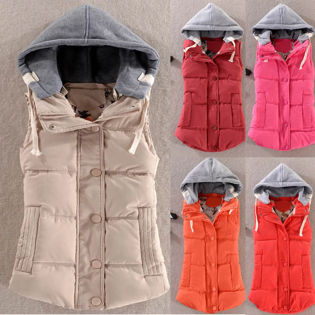 Plus Size Hooded Vest Coat Women Autumn Winter Warm Cotton Solid Button Waistcoat Windproof Female Sleeveless Slim 2019 | Женская одежда
