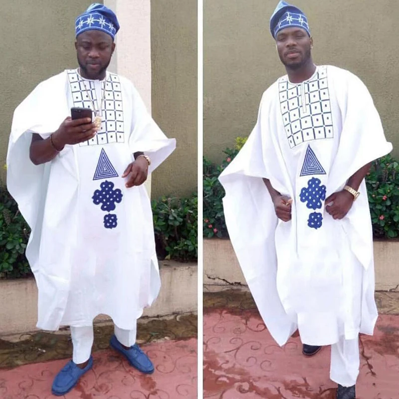 H& D agbada Мужская африканская одежда с длинными рукавами, топы и штаны, костюм с вышивкой Дашики, комплект из 3 предметов, традиционный наряд в африканском стиле