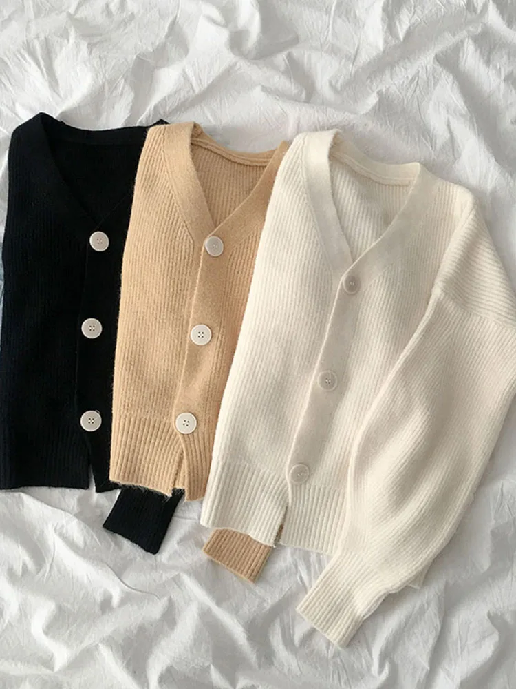 

@YYDS Spring Elegant Beige Knitted Cardigan V Neck Solid Color Sweater 2020 New Long Sleeve Black Milk Coat