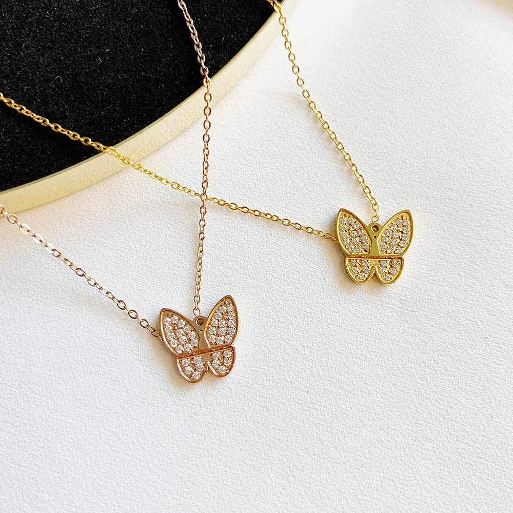 

YUN RUO Pave Zircon Stone Butterfly Pendant Necklace Rose Gold Color Titanium Steel Jewelry Woman Gift Never Fade Drop Shipping