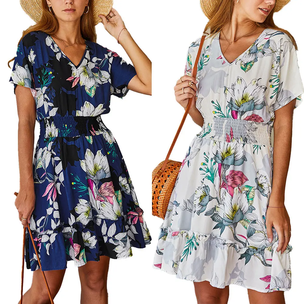 

Womens Fashion Floral V Neck Wrap Sundress Casual Short Sleeve Ladies Summer Holiday Party A Line Mini Dress