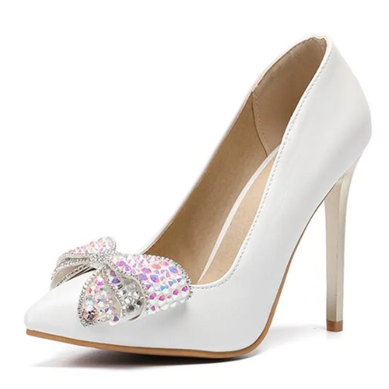 

Women Pumps Stilettos Ladies Shoes PU Slip On 11CM Thin High Heels Pointed Toe Office Career Wedding Rhinestones Butterfly-knot
