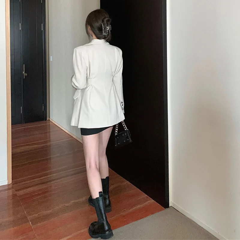 

Waist-hugging Pleated Slim Midi Women Suit Coat Solid Single Breasted Pockets For Woman Blazer 2020 New England Style Lady Tops