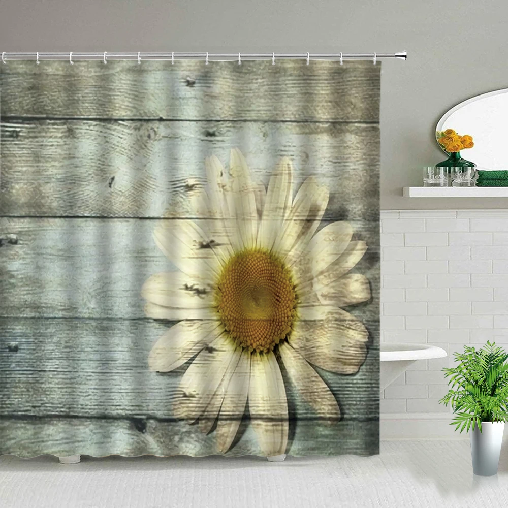 

Old Fashioned Retro Wood Grain Sunflower Flowers Shower Curtains Bathtub Decor Waterproof Fabric Bathroom Bath Curtain With Hook