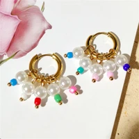 ins new colorful small beads charm hoop earrings for women gold color stainless steel circle earrings fashion party jewelry gift