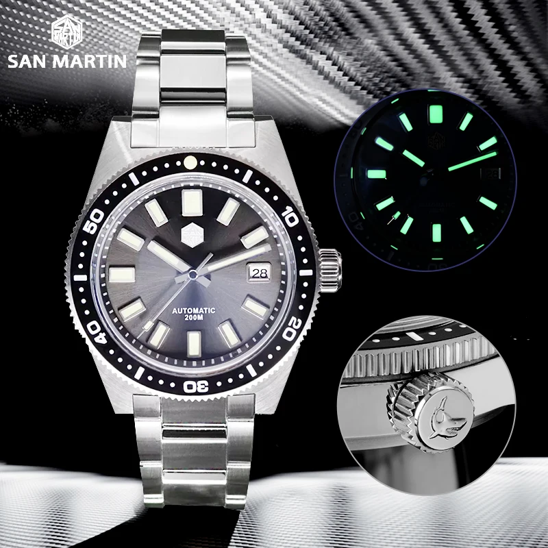 Мужские механические часы с автоподзаводом San Martin 200 м|Мужские часы| |
