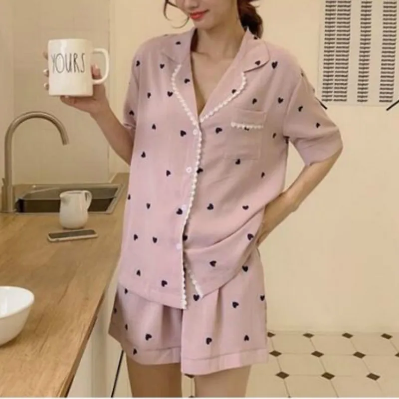저렴한 2021 여성용 잠옷 가정용 의류 Pijamas 여성용 하트 프린트 Nightie Lounge Wear 섹시한 잠옷 Two Piece Set Pajamas Summer