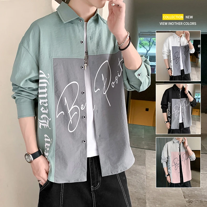 

Повседневная одежда на осень и весну 2022, модные рубашки в стиле пэчворк с китайским принтом, Мужская блузка с длинными рукавами, большие раз...